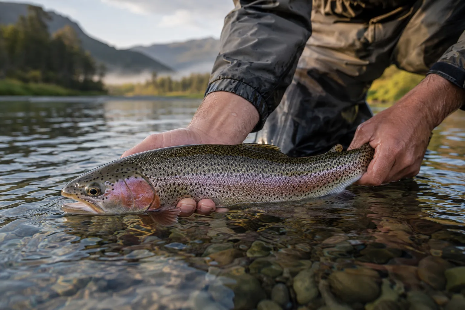 Un pescador devolviendo una trucha en la Patagonia